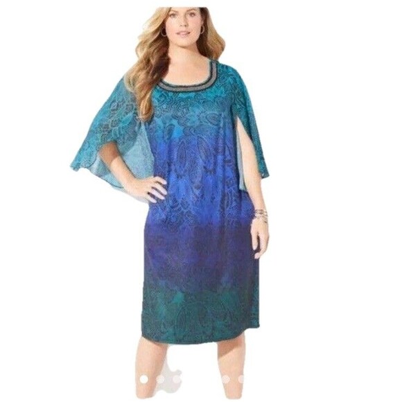 Catherines Midi Shift Dress 5X Tulip Slit Sleeve Ombré Embellishment Neck Boho - Picture 1 of 13